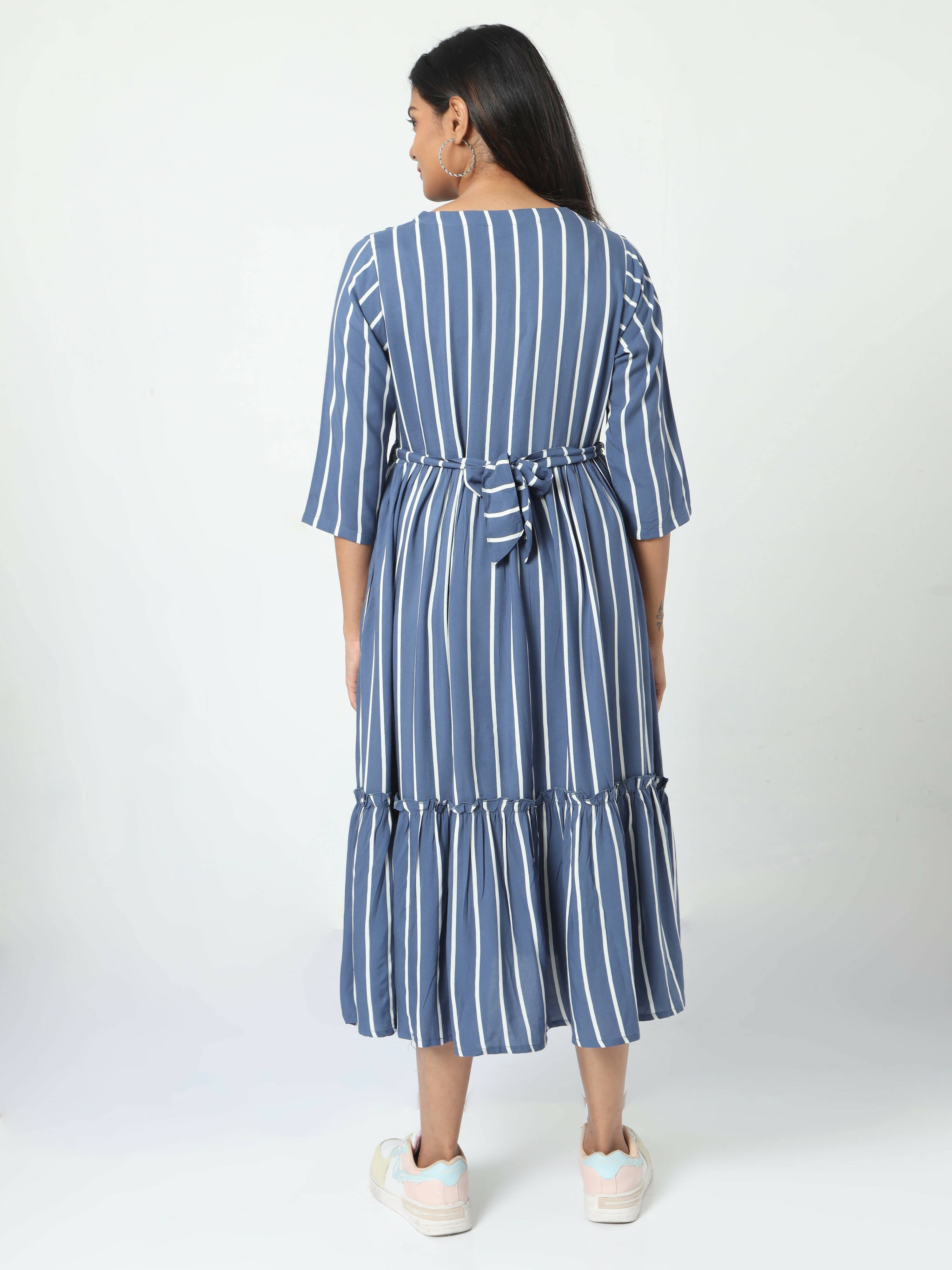 Manet Three Fourth Maternity Dress Striped With Concealed Zipper Nursing Access - Blue | Grocsy