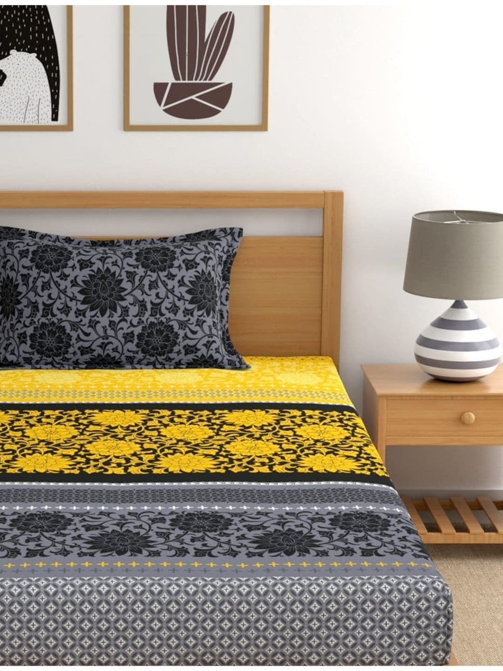 Dreamscape Yellow Ethnic Motifs Cotton 140 TC Fitted Single Bedsheet & 1 Pillow Cover | Grocsy