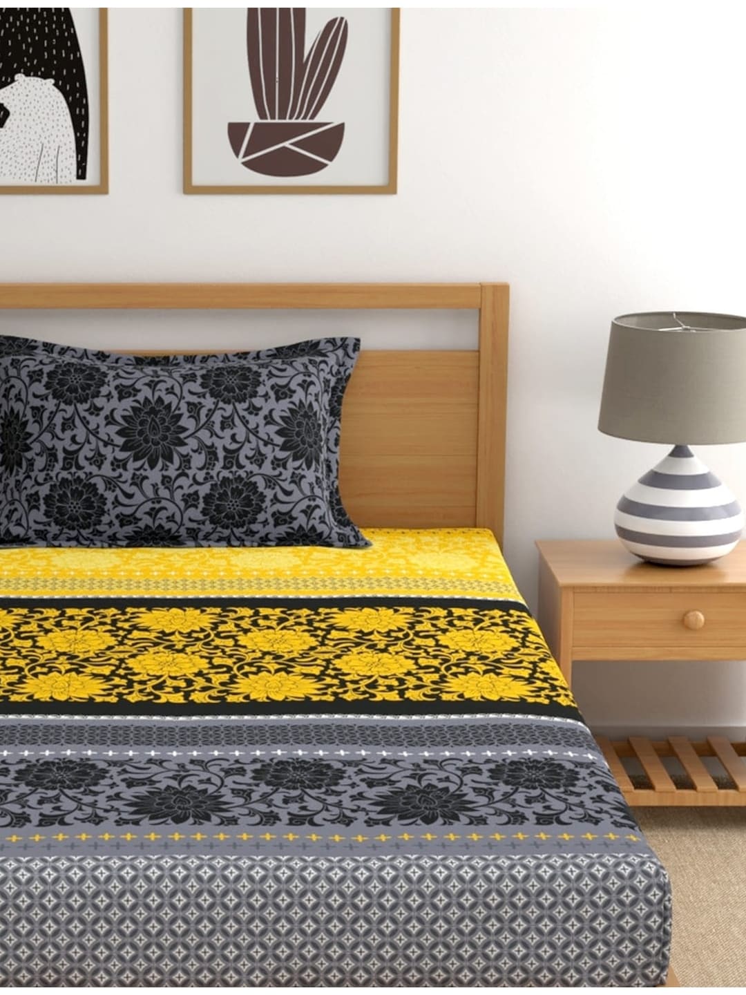 Dreamscape Yellow Ethnic Motifs Cotton 140 TC Fitted Single Bedsheet & 1 Pillow Cover | Grocsy