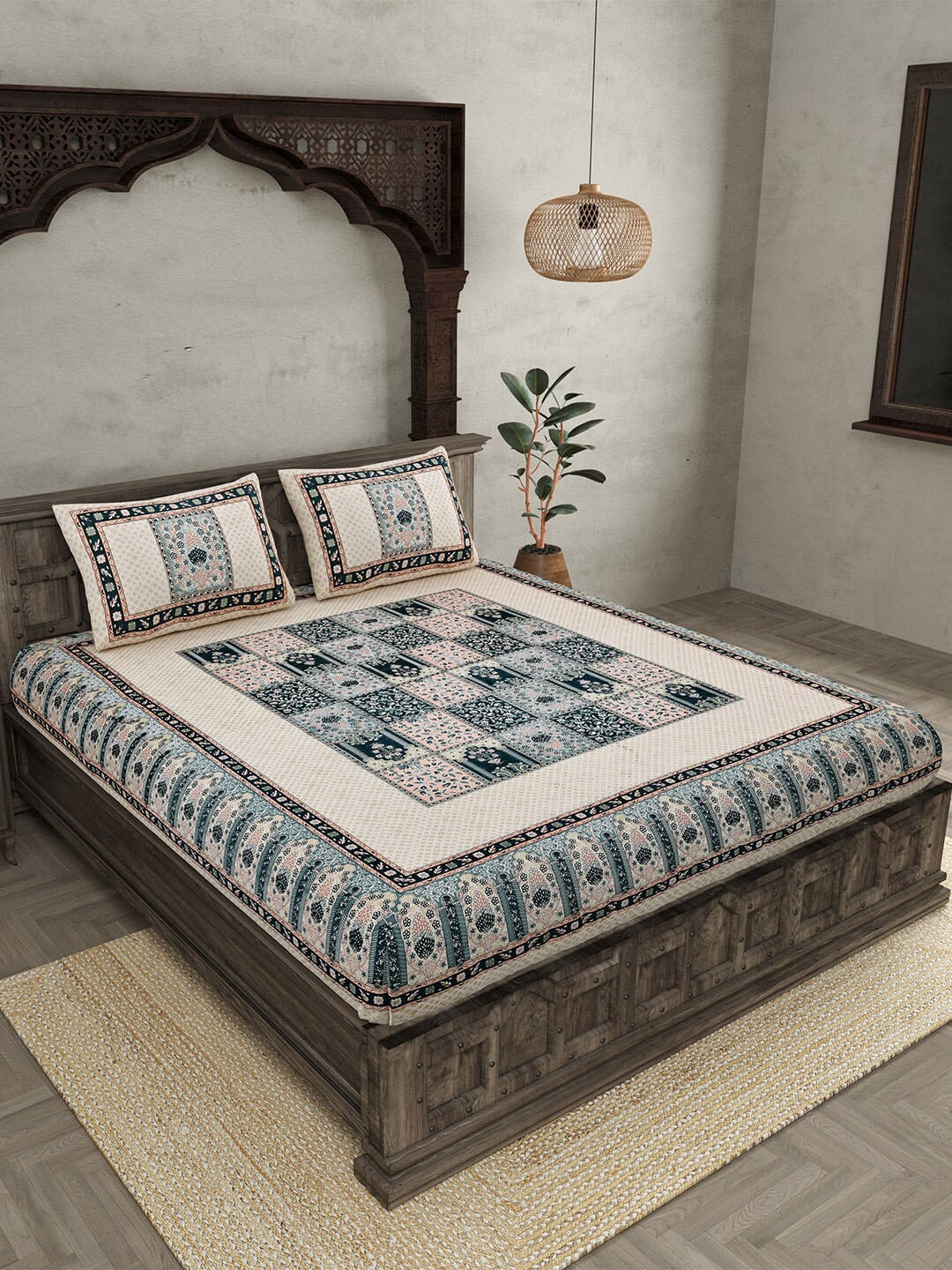 JAIPUR FABRIC Beige & Green Ethnic Motifs Cotton 210 TC Queen Bedsheet & 2 Pillow Covers | Grocsy