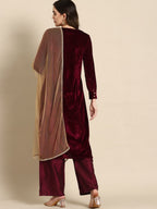All About You Women Velvet Finish Woven Design Regular Kurta with Palazzos & Dupatta | Grocsy