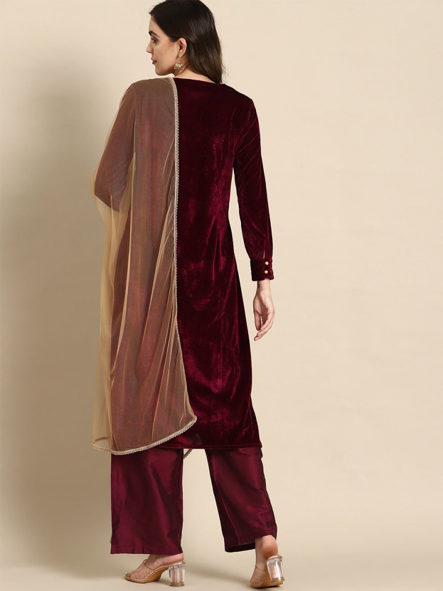 All About You Women Velvet Finish Woven Design Regular Kurta with Palazzos & Dupatta | Grocsy