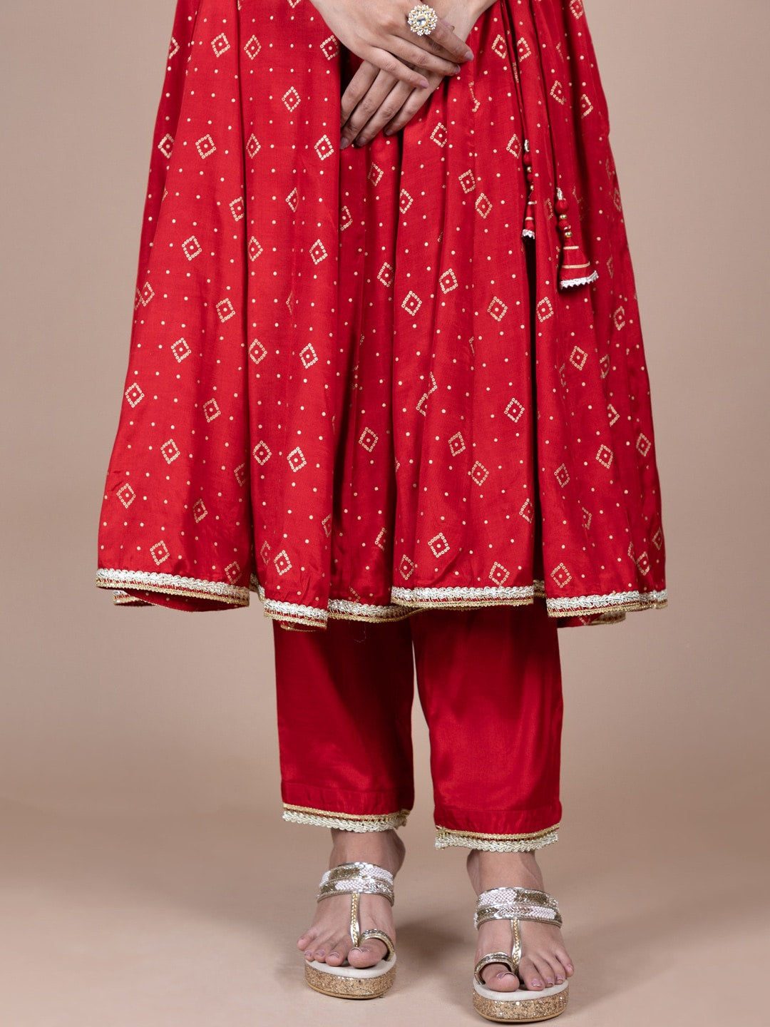 HERE&NOW Red & Beige Ethnic Motifs Printed Angrakha Gotta Patti Kurta with Trousers | Grocsy