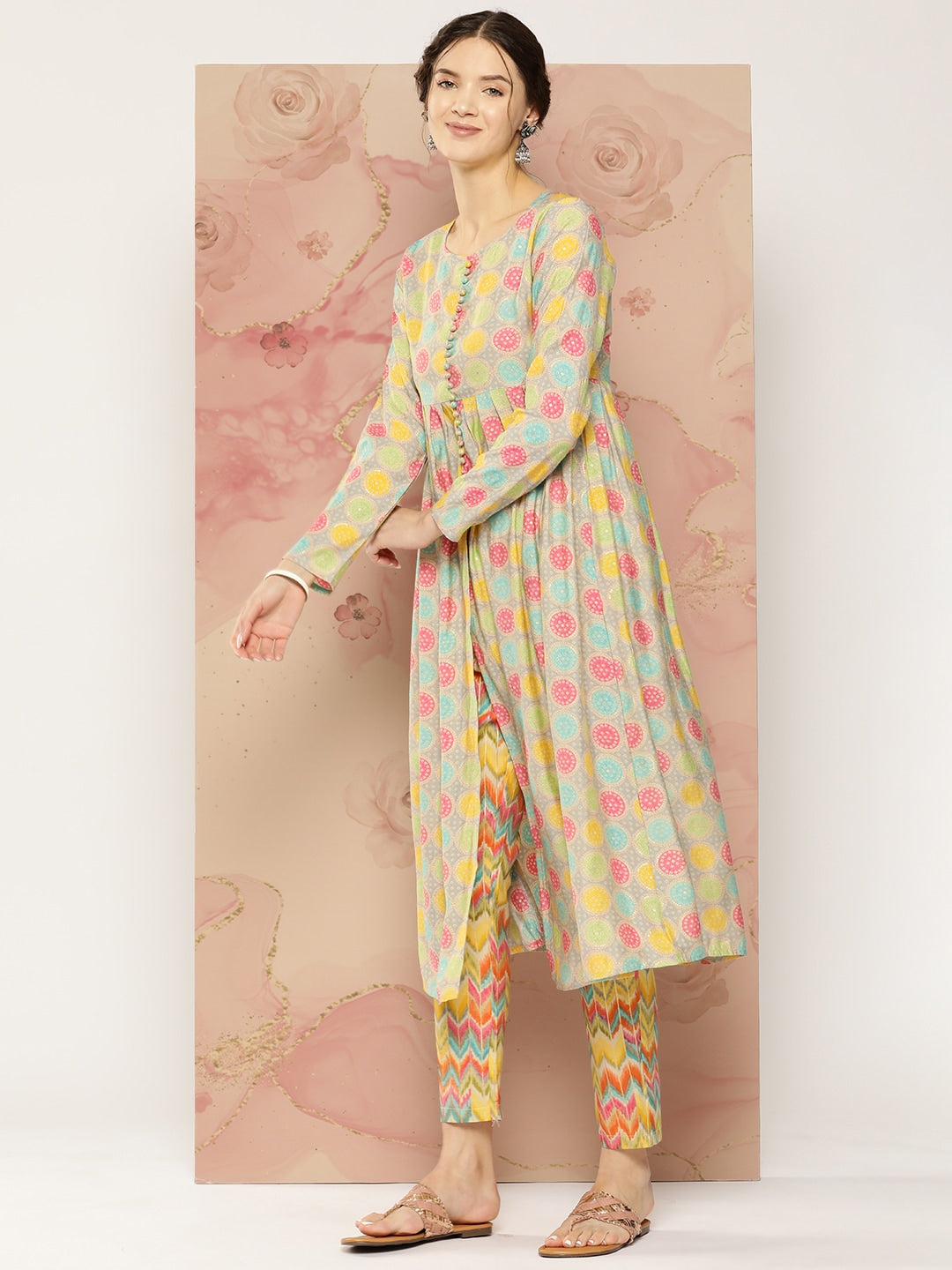 HERE&NOW Ethnic Motifs Printed Kurta with Trousers | Grocsy