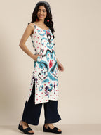 Sangria Women White & Blue Pure Cotton Ethnic Motifs Printed Straight Kurta | Grocsy