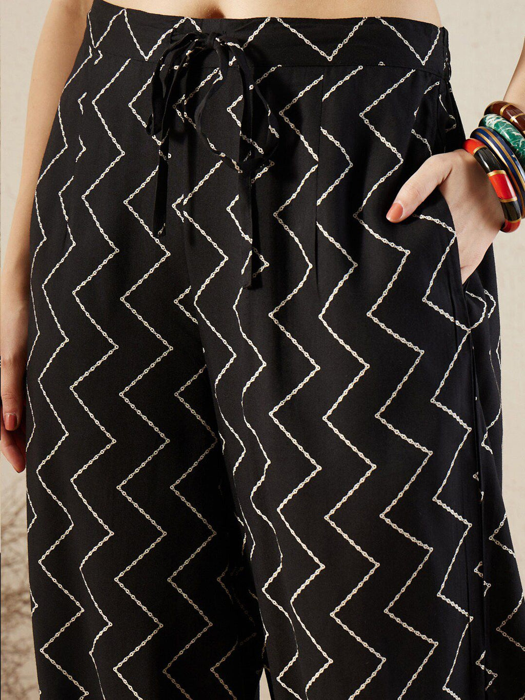 Indo Era Black Floral Printed V-Neck Sequinned A-Line Kurta With Salwar | Grocsy