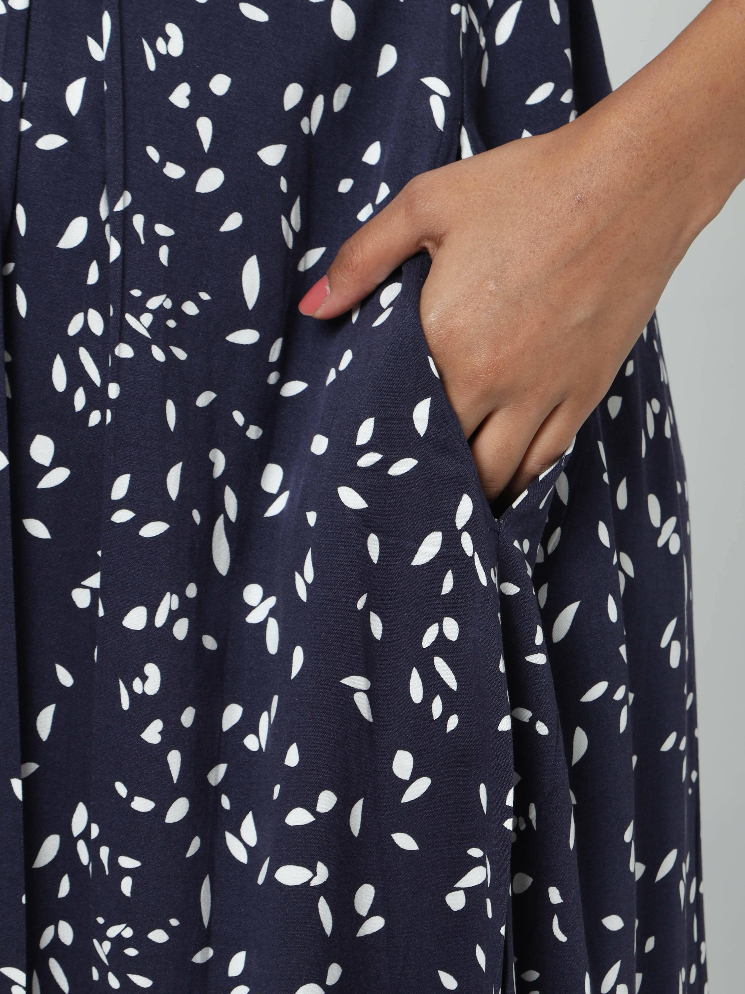 Manet Three Fourth Maternity Dress White Dot Print With Concealed Zipper Nursing Access - Navy Blue | Grocsy