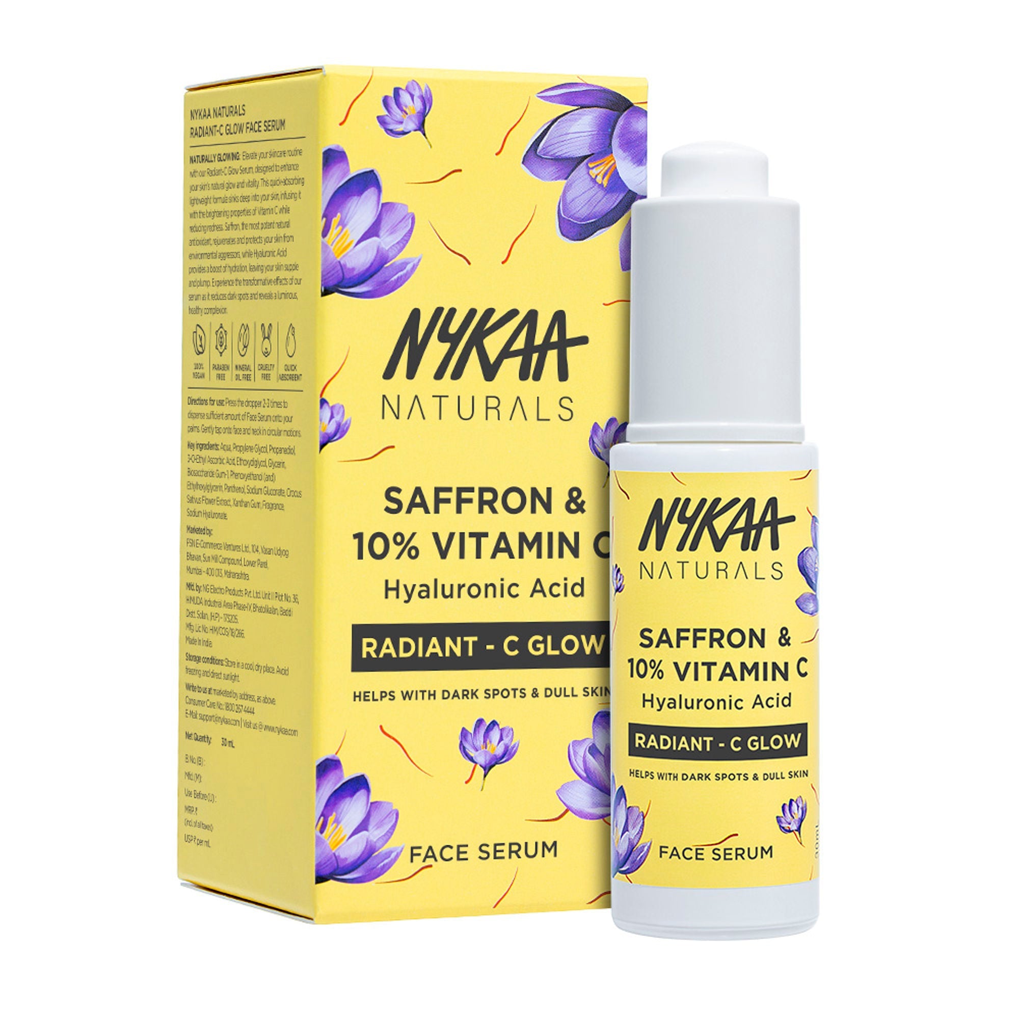 Nykaa Naturals 10% Vitamin C Radiant-C Glow Serum to Fade Dark Spots & Brighten Dull, Tired Skin | Grocsy