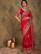 Sangria Ethnic Motifs Embroidered Net Saree | Grocsy