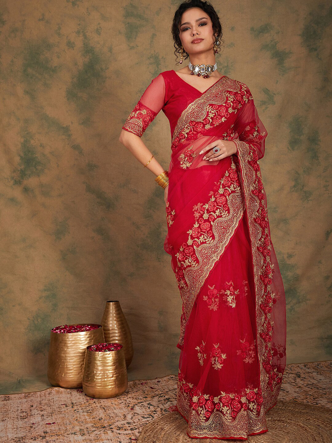 Sangria Ethnic Motifs Embroidered Net Saree | Grocsy