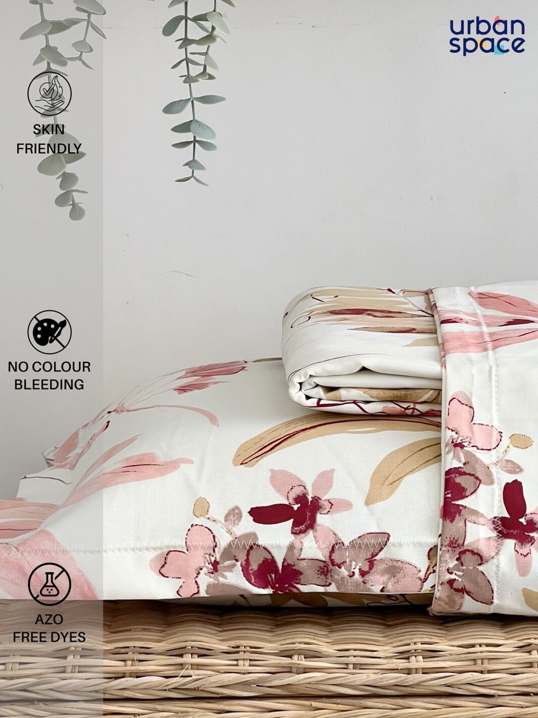 URBAN SPACE Serene White Floral Printed 200 TC Pure Cotton Bedsheet & Pillow Covers | Grocsy