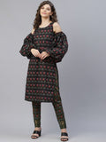 Aks Ethnic Motifs Printed Cold-Shoulder Sleeves Pure Cotton Kurta With Trousers | Grocsy