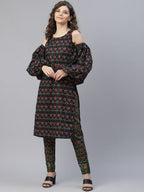 Aks Ethnic Motifs Printed Cold-Shoulder Sleeves Pure Cotton Kurta With Trousers | Grocsy