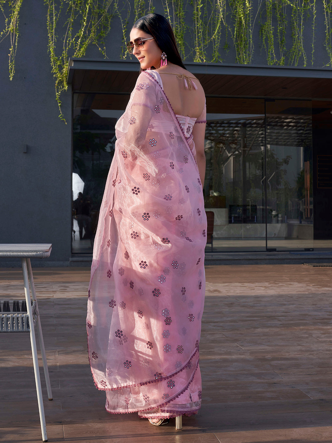 Tikhi Imli Floral Mirror Work Organza Saree | Grocsy