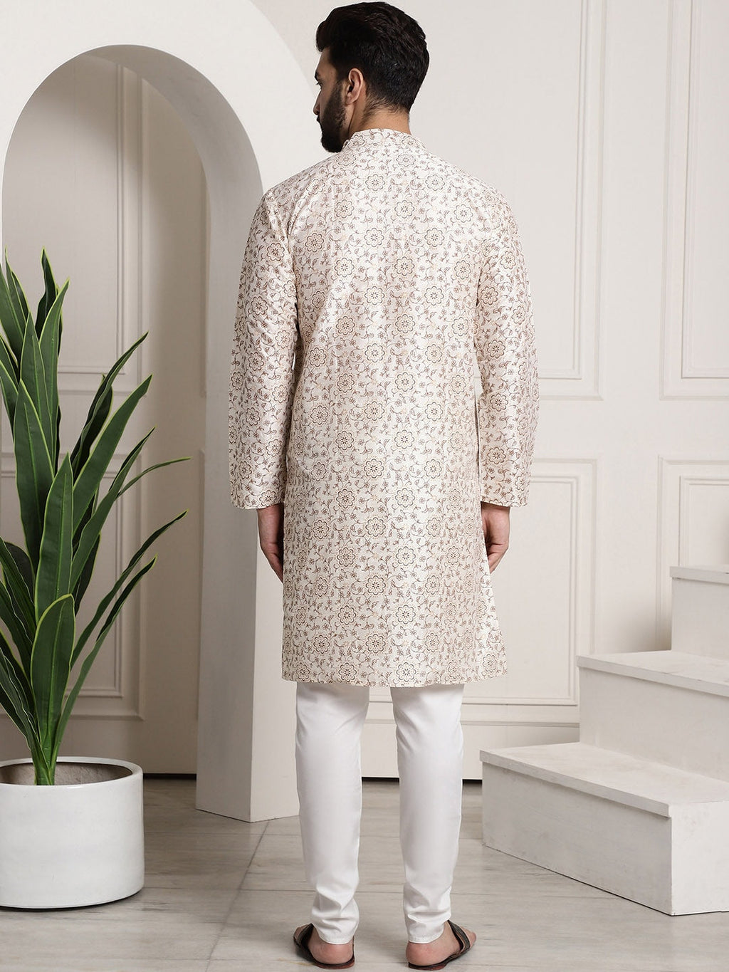 Sojanya Men Cream-Coloured & Brown Silk Cotton Printed Regular Kurta with Churidar | Grocsy