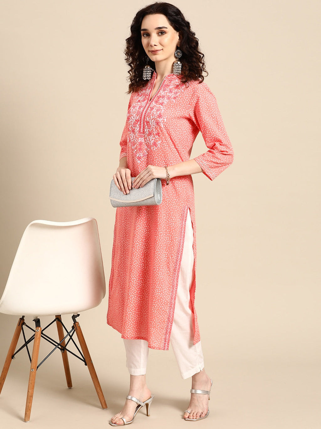 Sangria Women Pink Bandhani Printed Thread Work Pastels Kurta | Grocsy