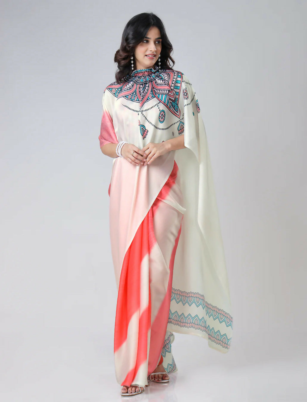 Vastranavya Coral Off White Freehand Mandalaa Print Ready to Wear Saree | Grocsy