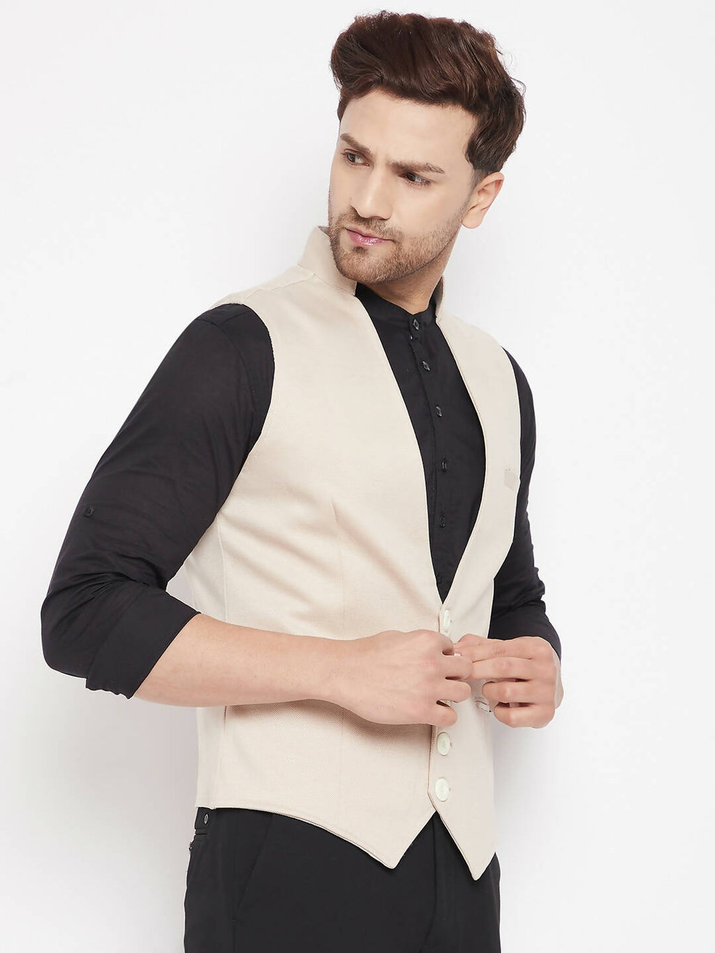 Even Apparels Cream Merino Men Woven Nehru Jacket | Grocsy