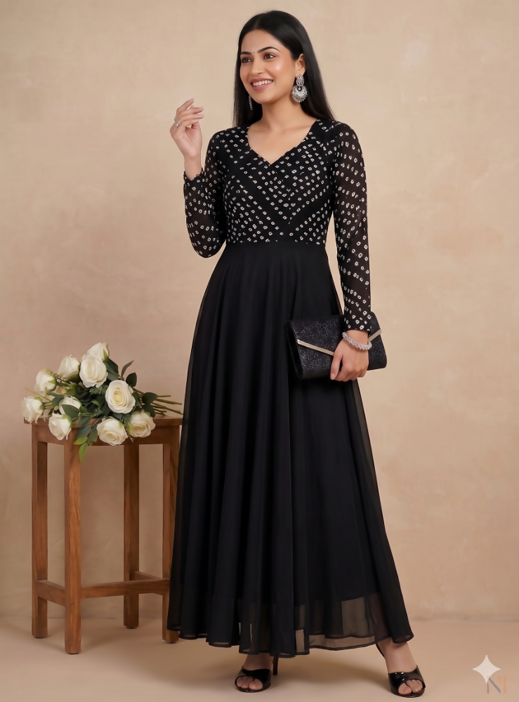 Teeya Creation Women's Black Bandhani Print Anarkali Gown | Grocsy