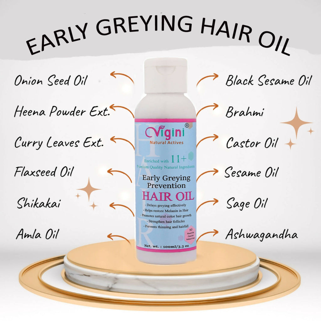 Vigini Early Anti Greying Hair Care Oil with Amla, Onion Seed Oil, Flaxseed Oil | Grocsy