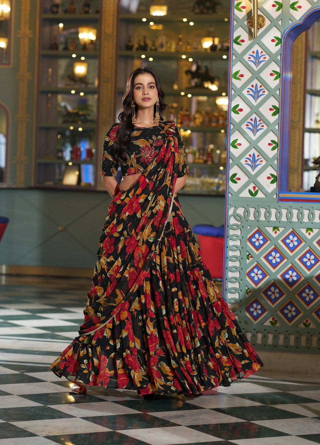 Lorenvalley Fashion Black Tasar Silk Printed And Iconic Sparkle with Lace Border Lehenga Choli with Dupatta | Grocsy