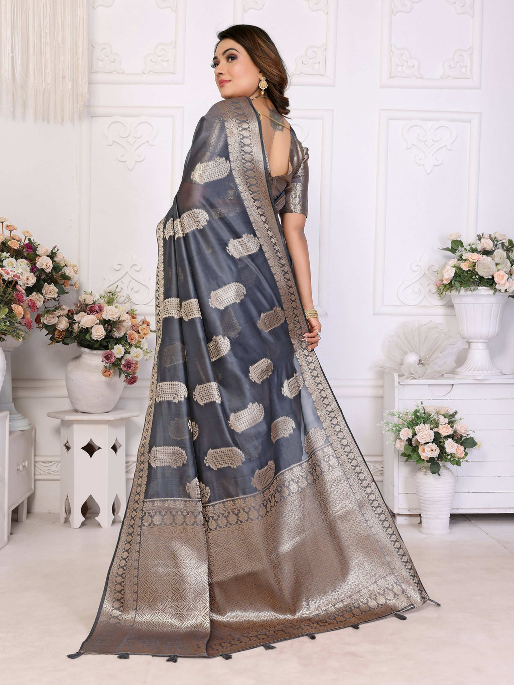 Aastha Fashion Grey Soft Organza Silk Weaving Saree | Grocsy