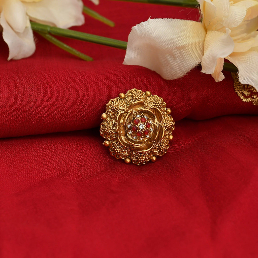 Mominos Fashion Joharkamal Gold-Polished Stone Studded Adjustable Finger Ring - Design 019 | Grocsy