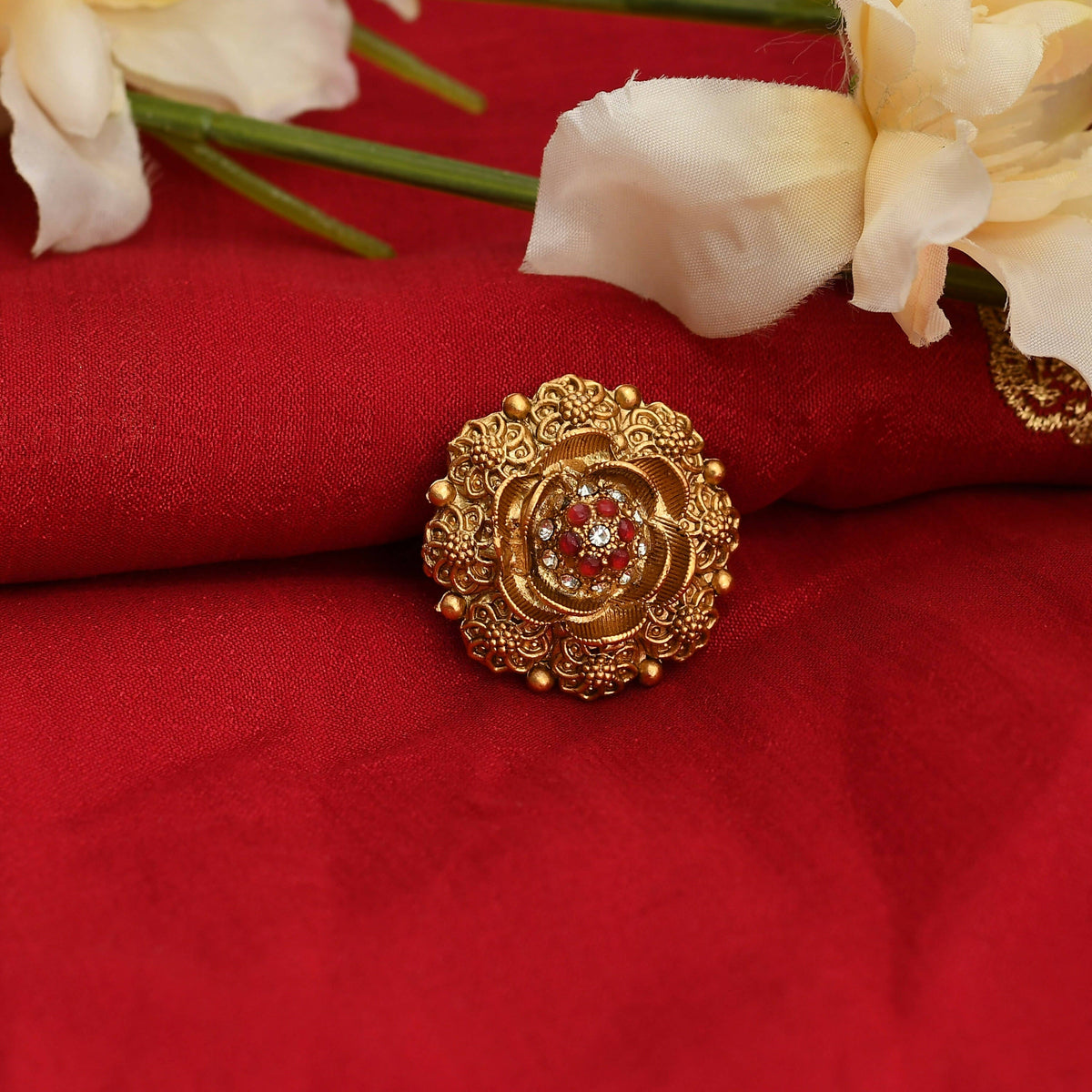 Mominos Fashion Joharkamal Gold-Polished Stone Studded Adjustable Finger Ring - Design 019 | Grocsy