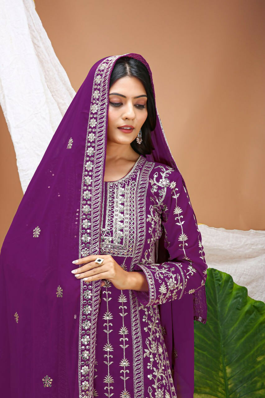 Teeya Creation Wine Faux Georgette Embroidery Work Wedding Wear Salwar Suit | Grocsy
