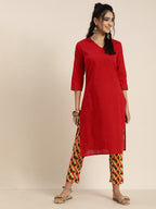 Sangria Women Red Solid Pure Cotton Gotta Patti Kurta with Abstract Print Trousers | Grocsy