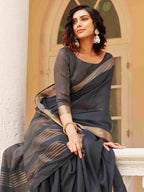 Tikhi Imli Charcoal & Gold-Toned Polycotton Zari Ready to Wear Saree | Grocsy