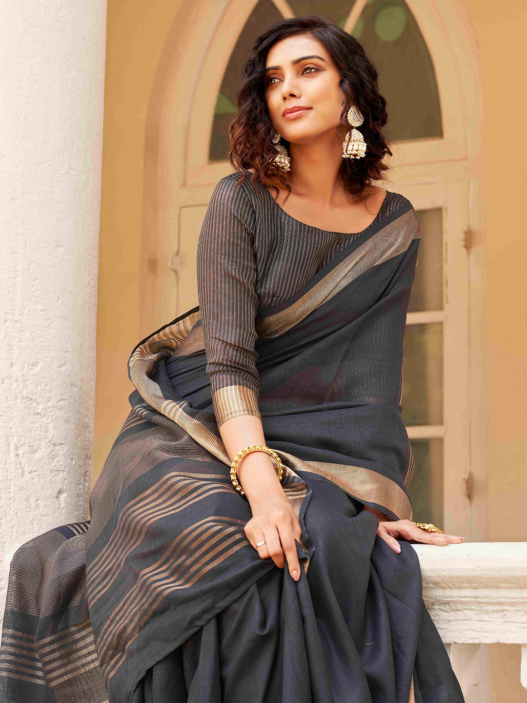 Tikhi Imli Charcoal & Gold-Toned Polycotton Zari Ready to Wear Saree | Grocsy