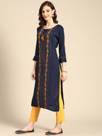 Sangria Women Navy Blue Floral Embroidered Floral Kurta | Grocsy