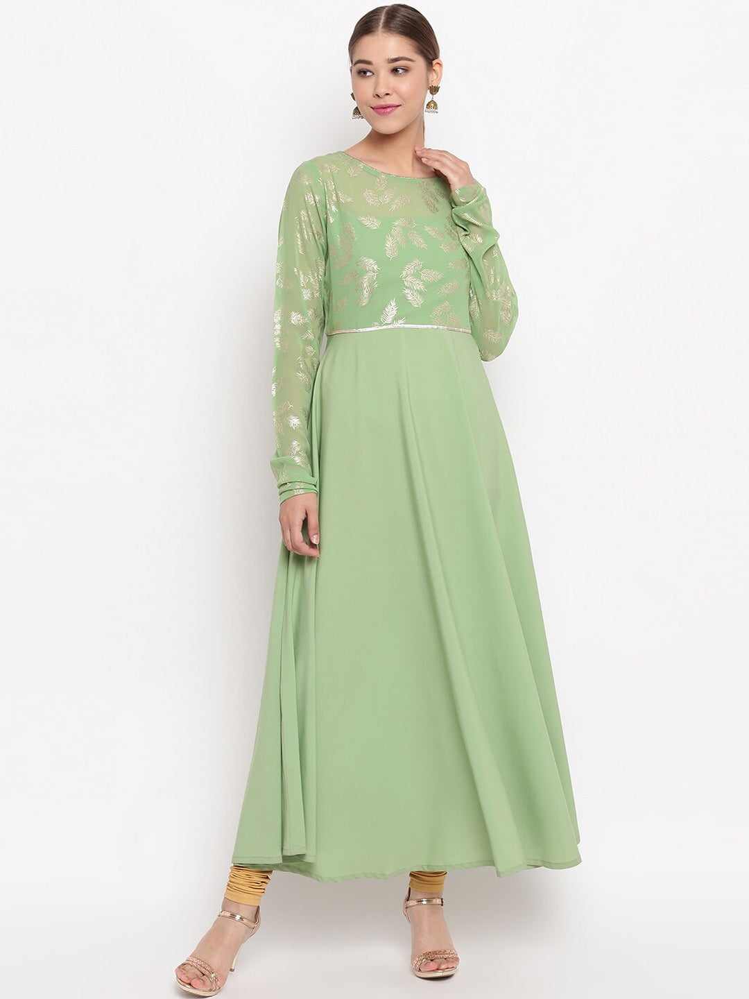 Janasya Women Green Printed Anarkali Kurta | Grocsy