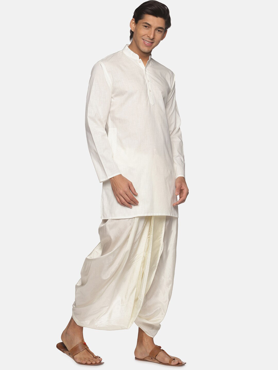 Sethukrishna Men Cream-Coloured Striped Pure Cotton Kurta with Dhoti Pants | Grocsy