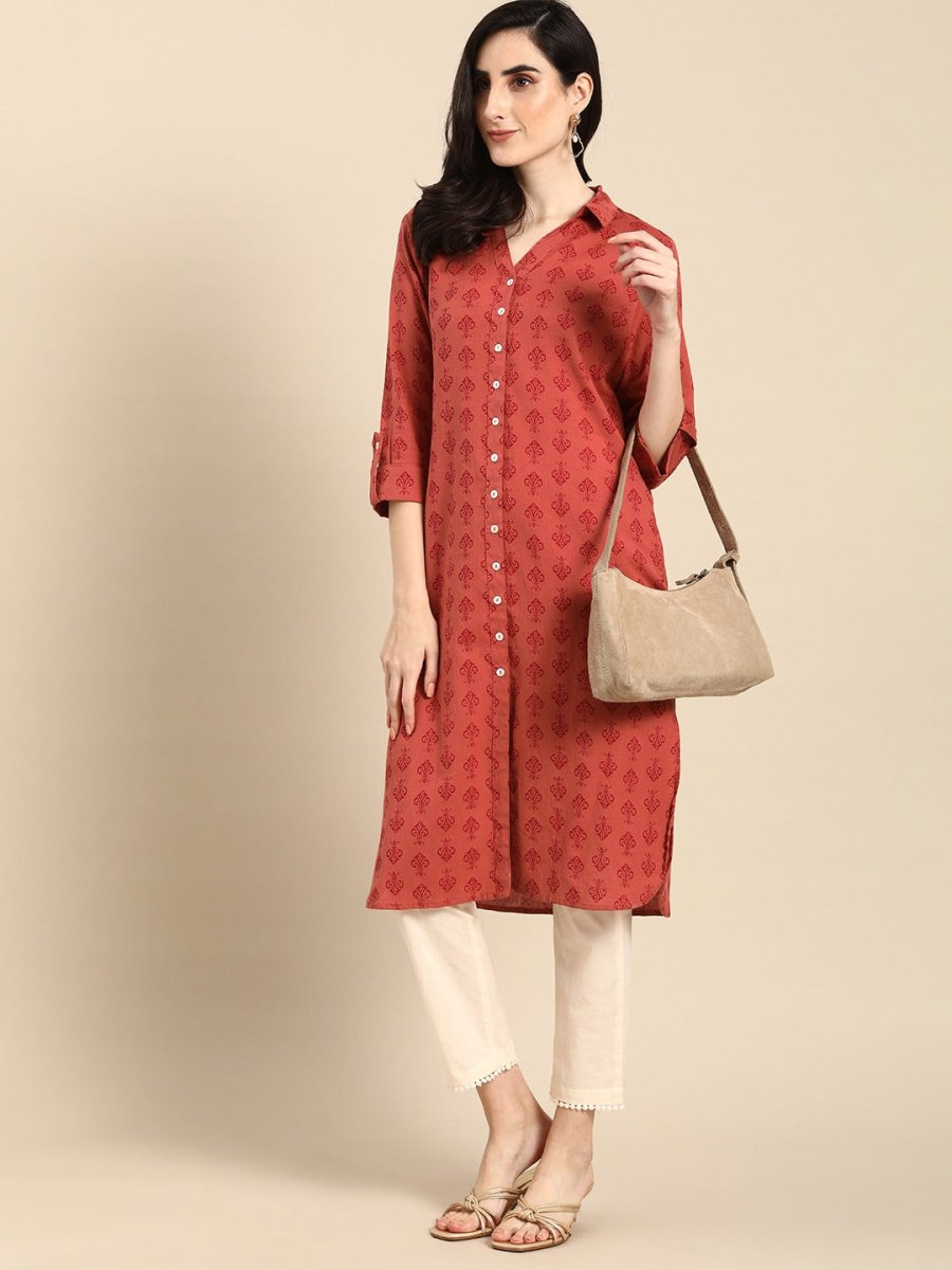 All About You Women Red Cotton Ethnic Motifs Printed Pathani Kurta | Grocsy
