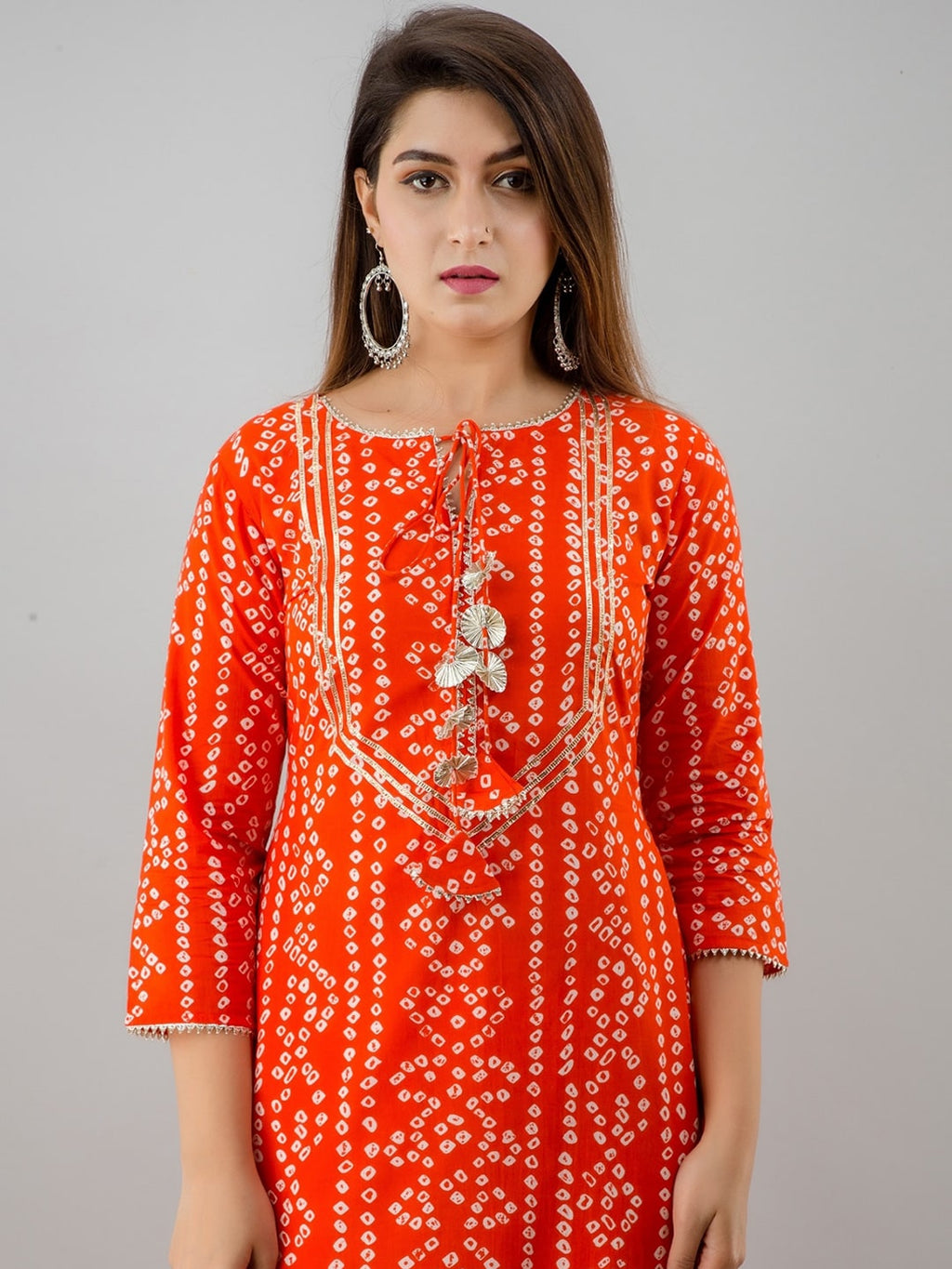 HERE&NOW Orange Tie Up Neck Bandhani Printed Gotta Patti Kurta | Grocsy