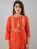 HERE&NOW Orange Tie Up Neck Bandhani Printed Gotta Patti Kurta | Grocsy