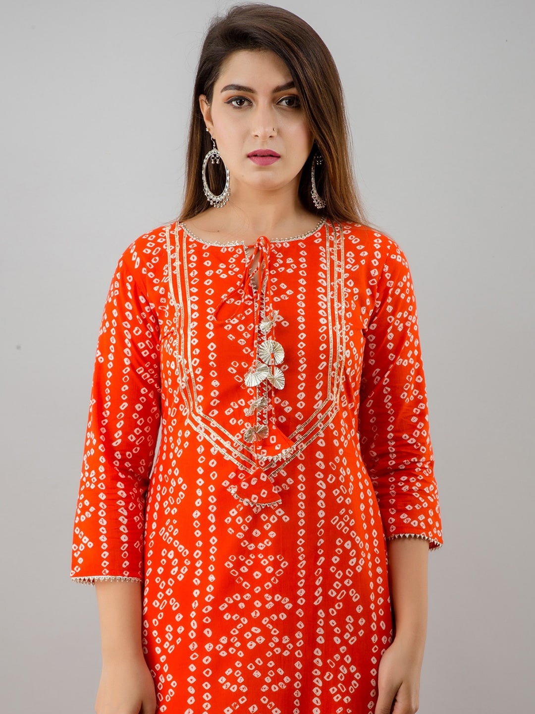 HERE&NOW Orange Tie Up Neck Bandhani Printed Gotta Patti Kurta | Grocsy