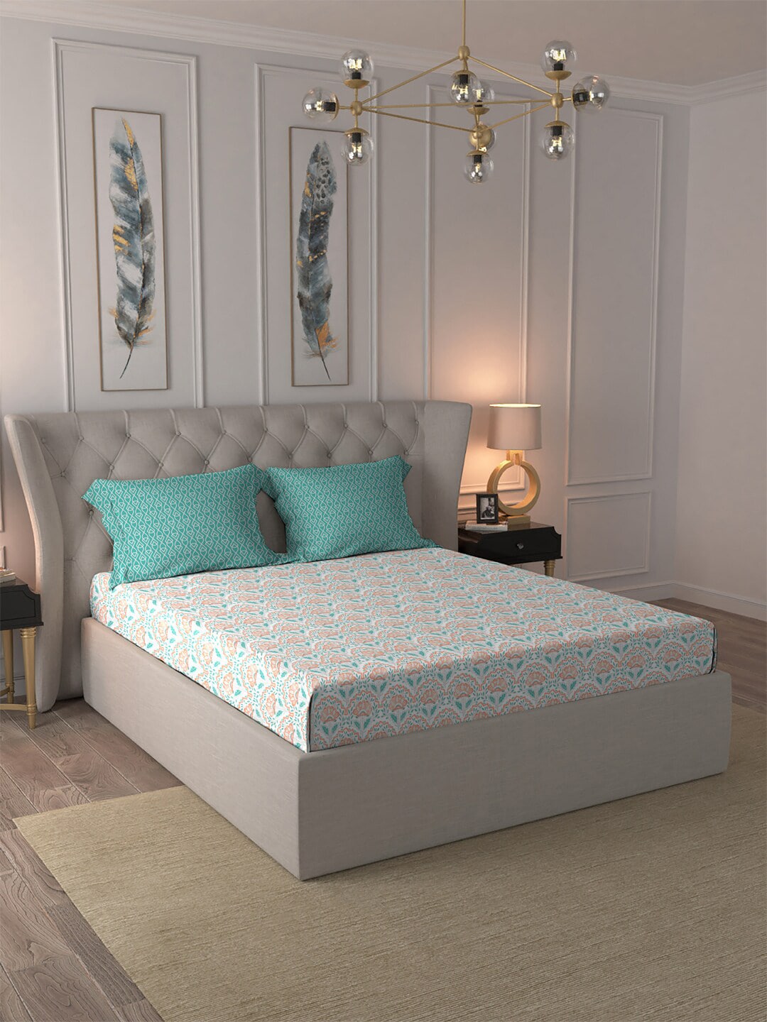 MYTRIDENT Orange Blue Ethnic Motifs Pure Cotton 120 TC Queen Bedsheet With 2 Pillow Covers | Grocsy