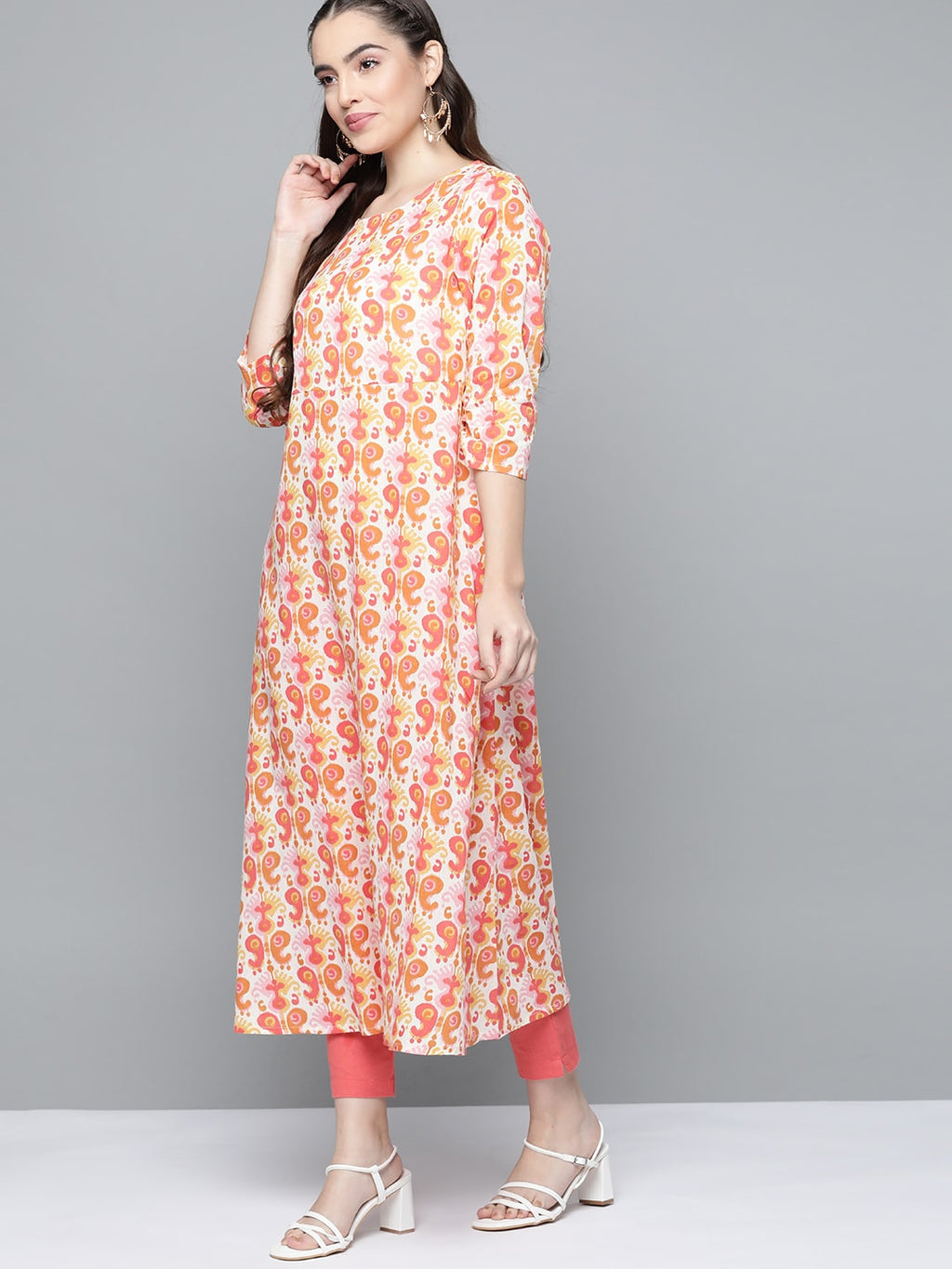 HERE&NOW Women Orange & White Ethnic Motifs Printed Kurta | Grocsy