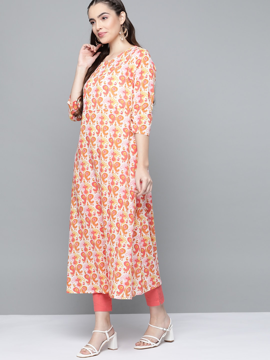 HERE&NOW Women Orange & White Ethnic Motifs Printed Kurta | Grocsy