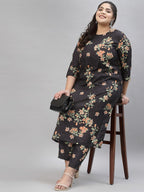 Sztori Plus Size Black Floral Printed Round Neck Straight Kurta with Trousers | Grocsy