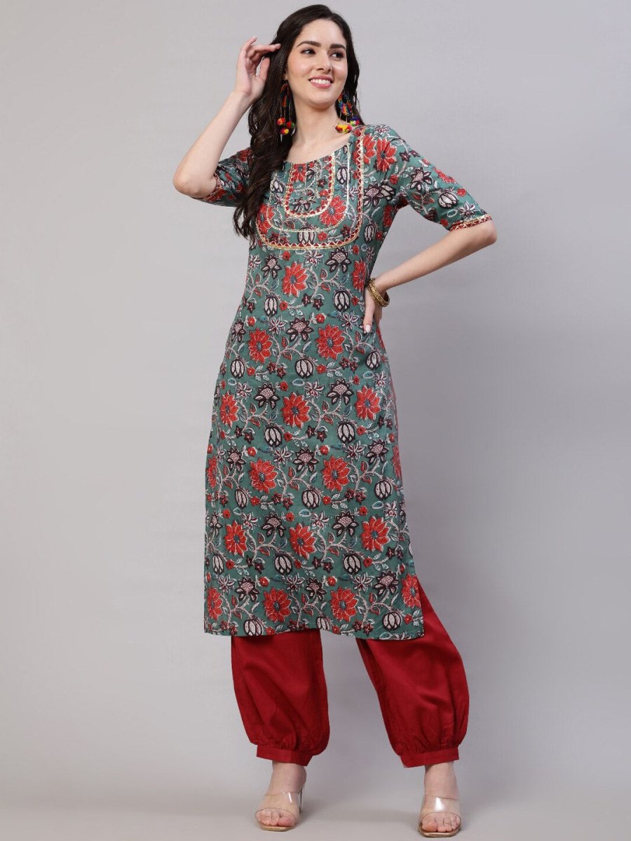 Aks Floral Printed Regular Gotta Patti Kurta with Harem Pants | Grocsy