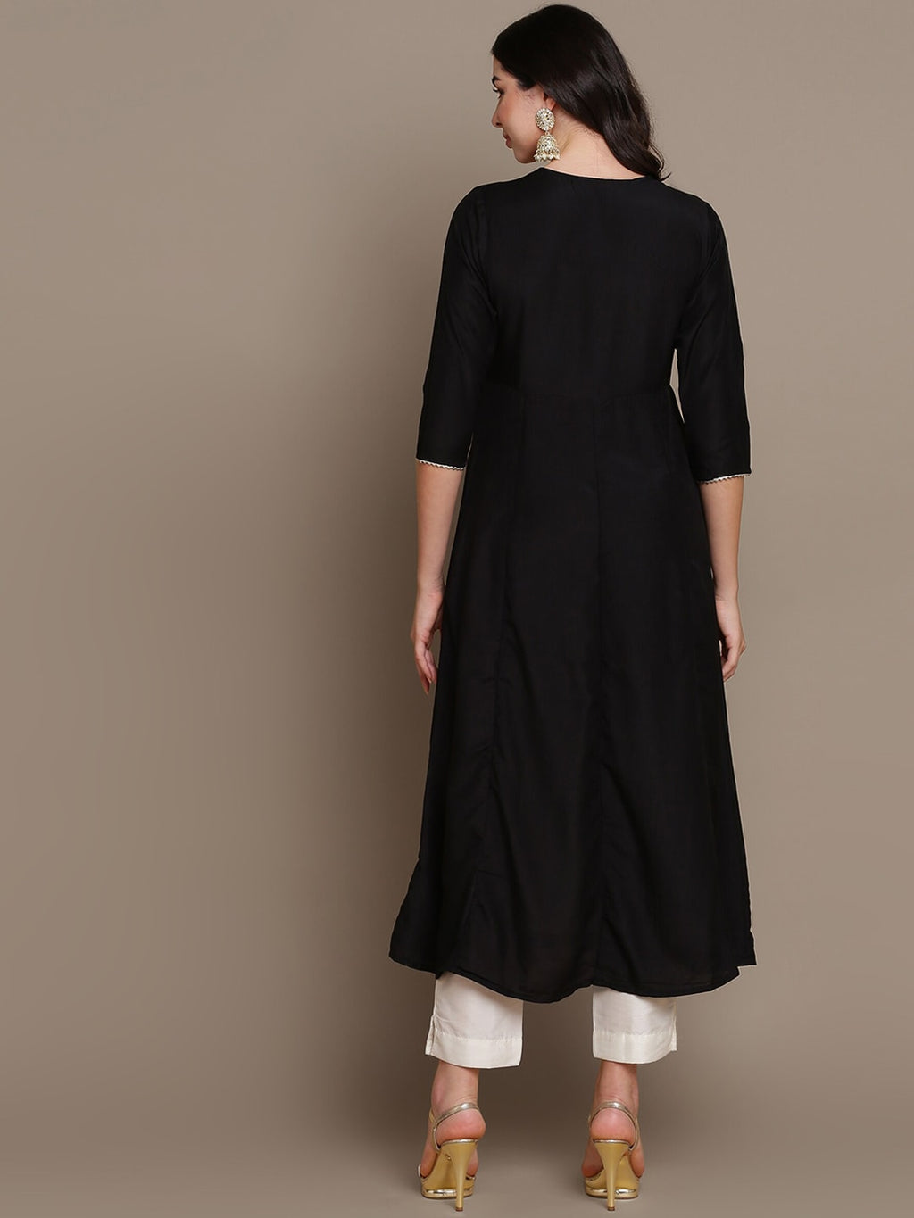 HERE&NOW Ethnic Motifs Embroidered Layered A-Line Cotton Kurta | Grocsy