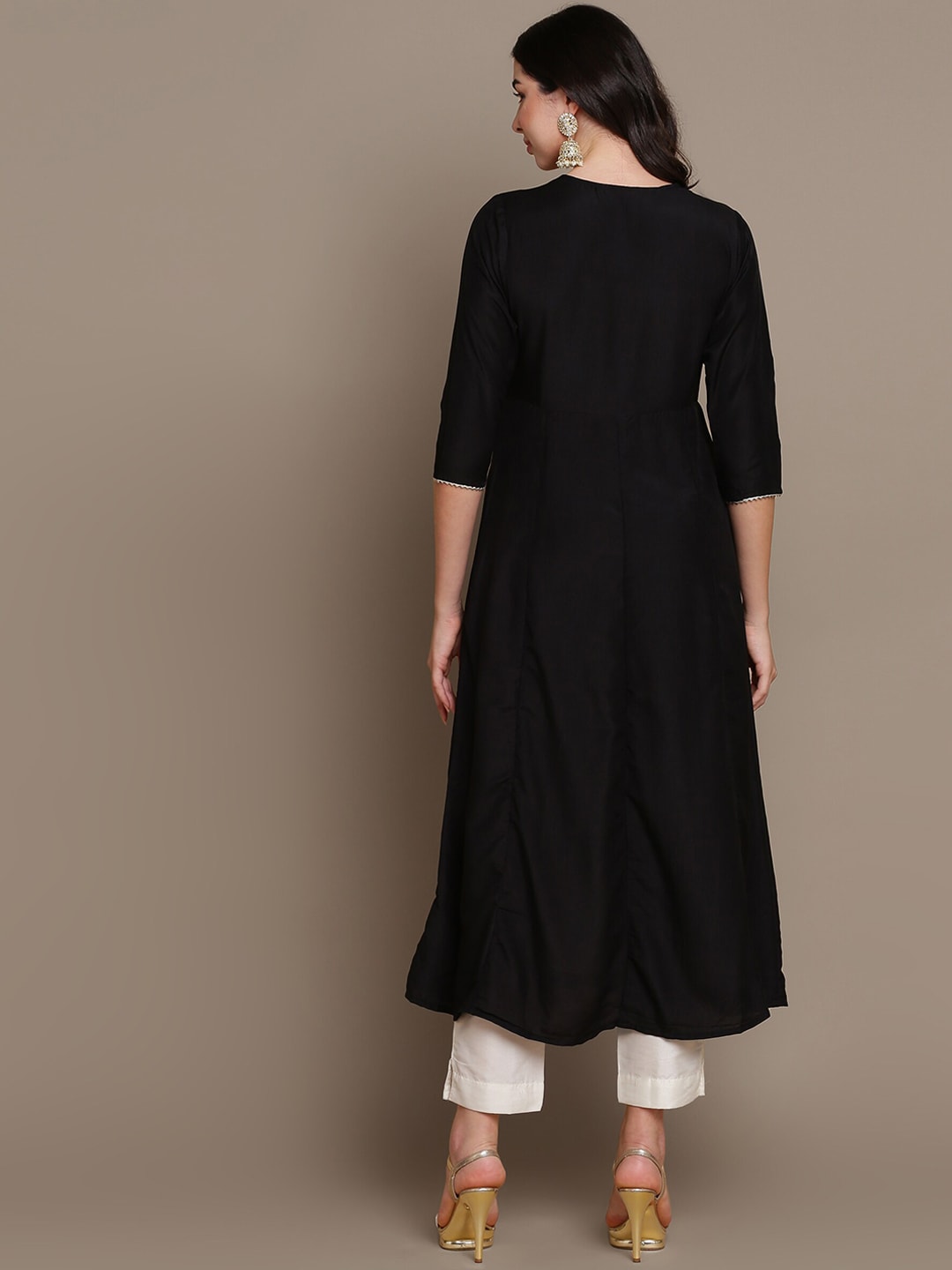 HERE&NOW Ethnic Motifs Embroidered Layered A-Line Cotton Kurta | Grocsy