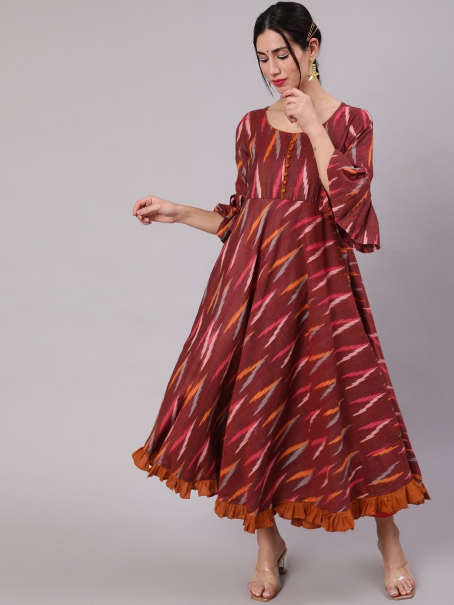 Aks Ikat Printed Pleated Pure Cotton Anarkali Kurta | Grocsy