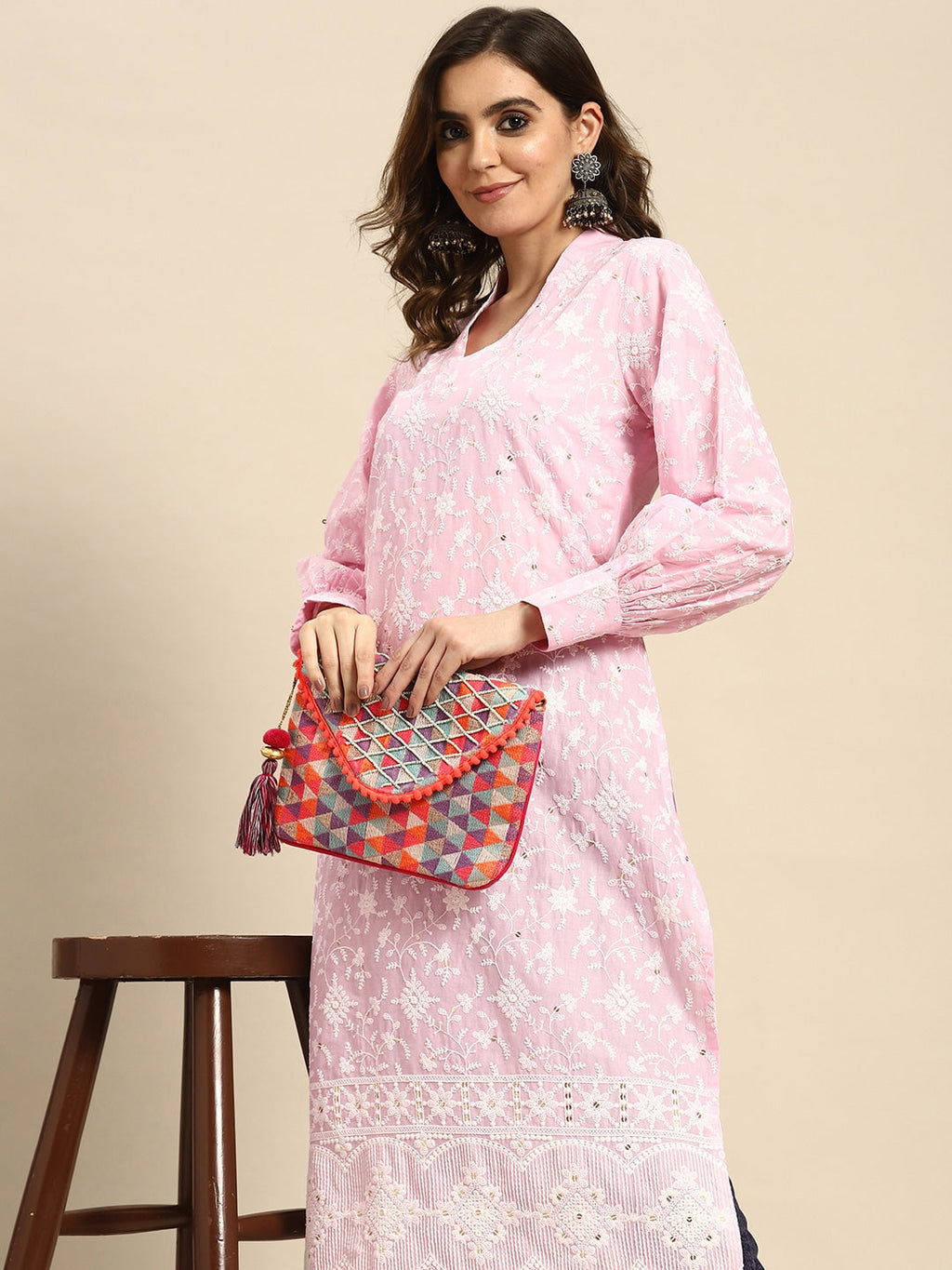 Sangria Floral Embroidered Puff Sleeves Cotton Kurta | Grocsy