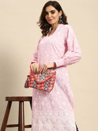 Sangria Floral Embroidered Puff Sleeves Cotton Kurta | Grocsy