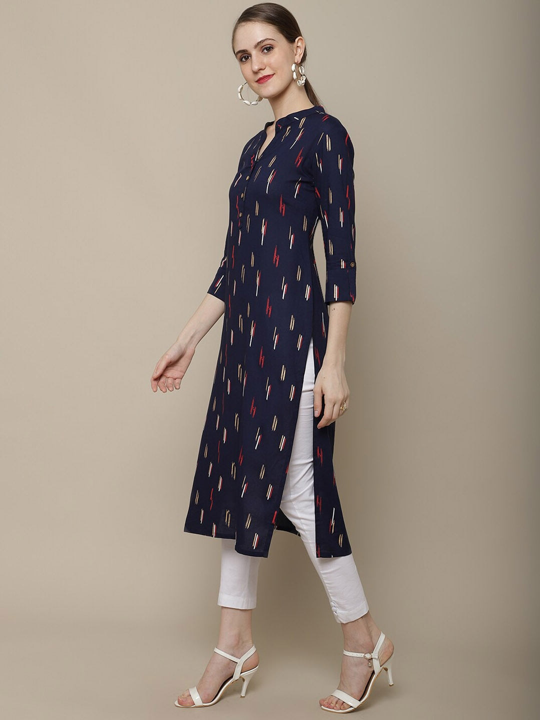 Sangria Women Navy Blue & Red Pure Cotton Geometric Printed Kurta | Grocsy